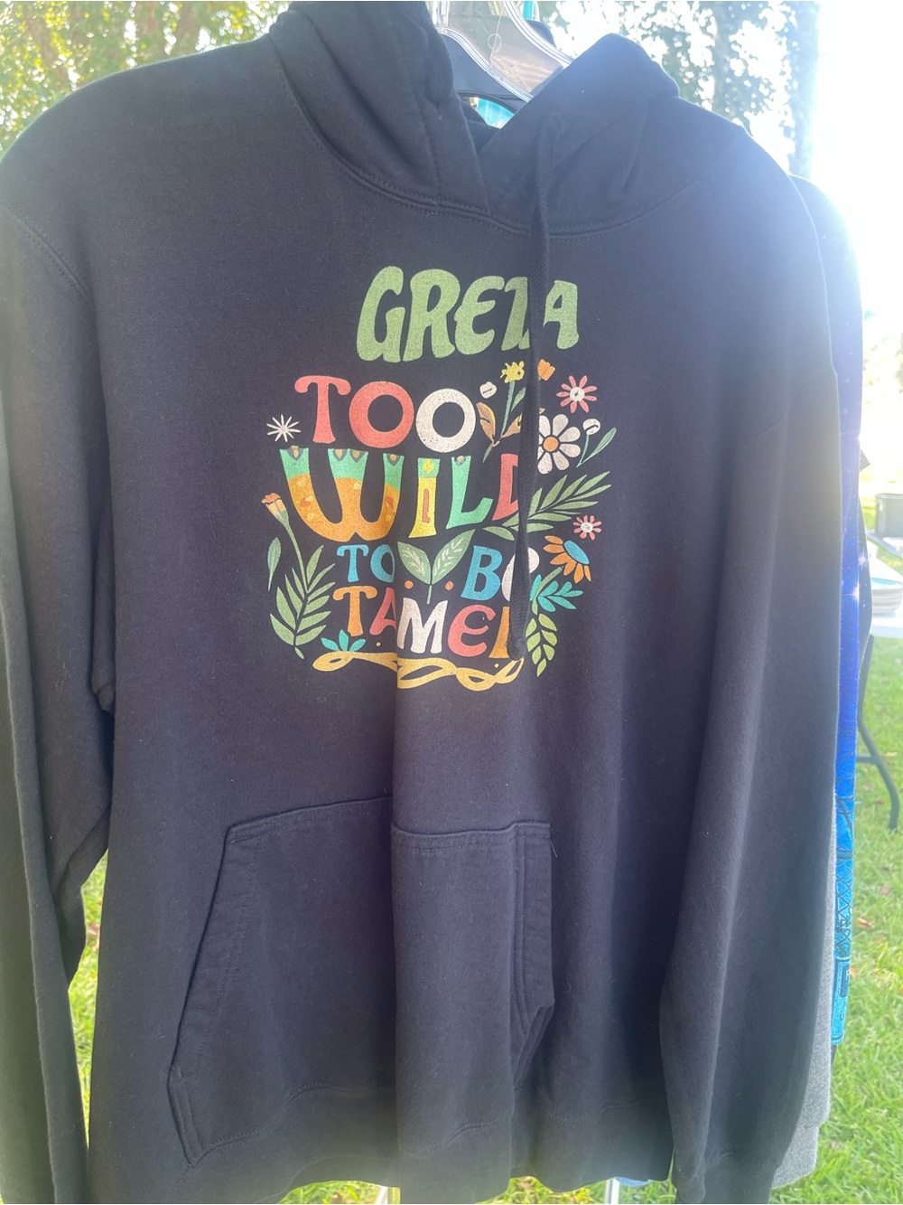 Port and Company Black Hoodie with Colorful 'Greta Too Wild' Graphic